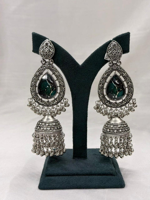 Oxidized Silver Teardrop & Jhumka Drop Earrings Emerald Green