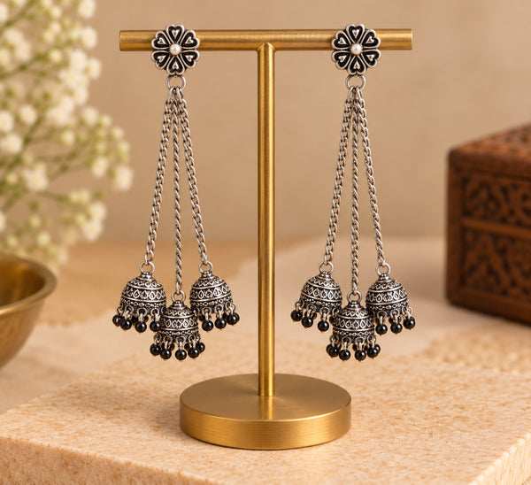 Oxidized Metal Floral Stud Jhumka Earrings with Black Bead Drops LP- 48Hr Delivery