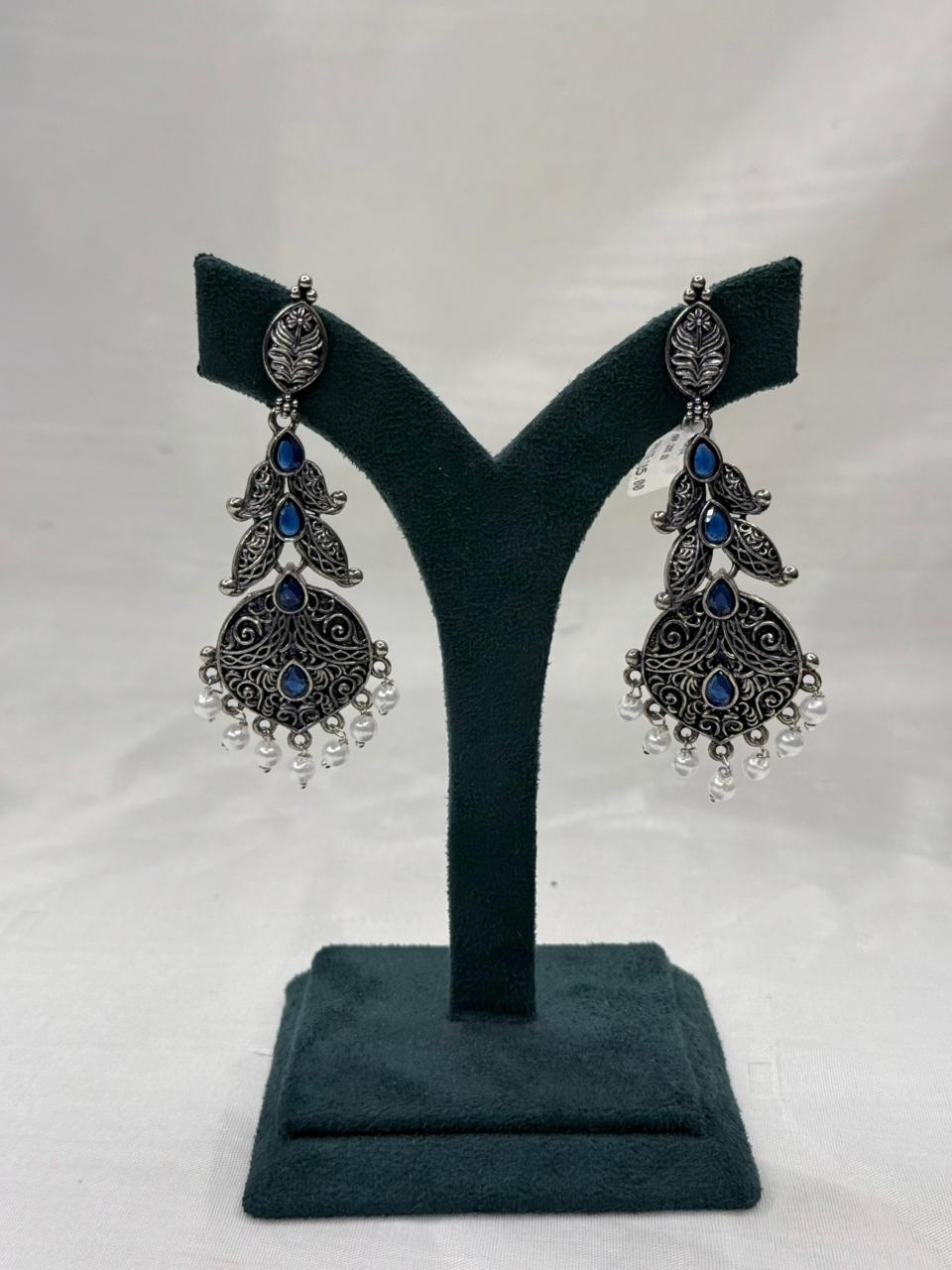 Oxidised Metal Peacock Design Earrings with Blue Stone