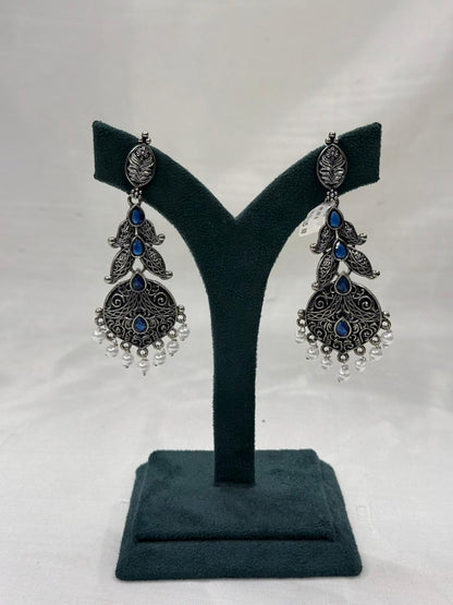 Oxidised Metal Peacock Design Earrings with Blue Stone