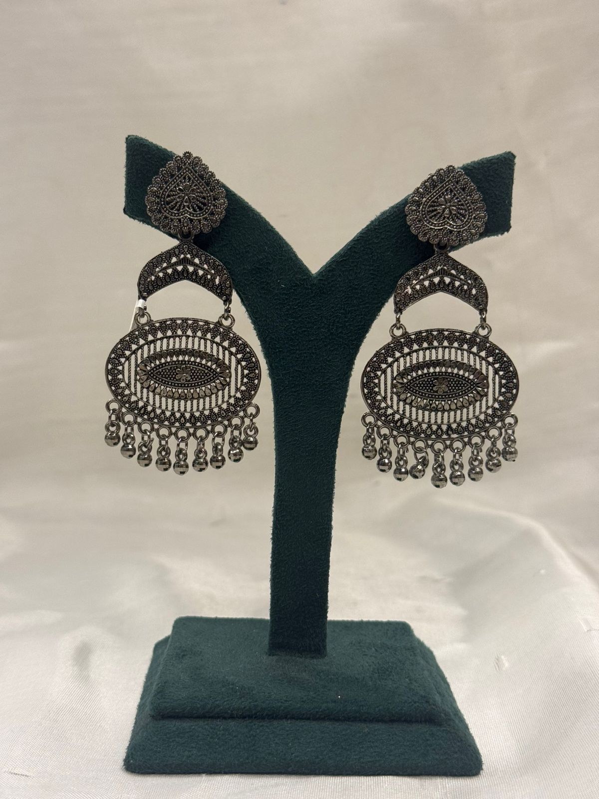 Oxidised Metal Oval Filigree Hanging Earrings with Bead Drops