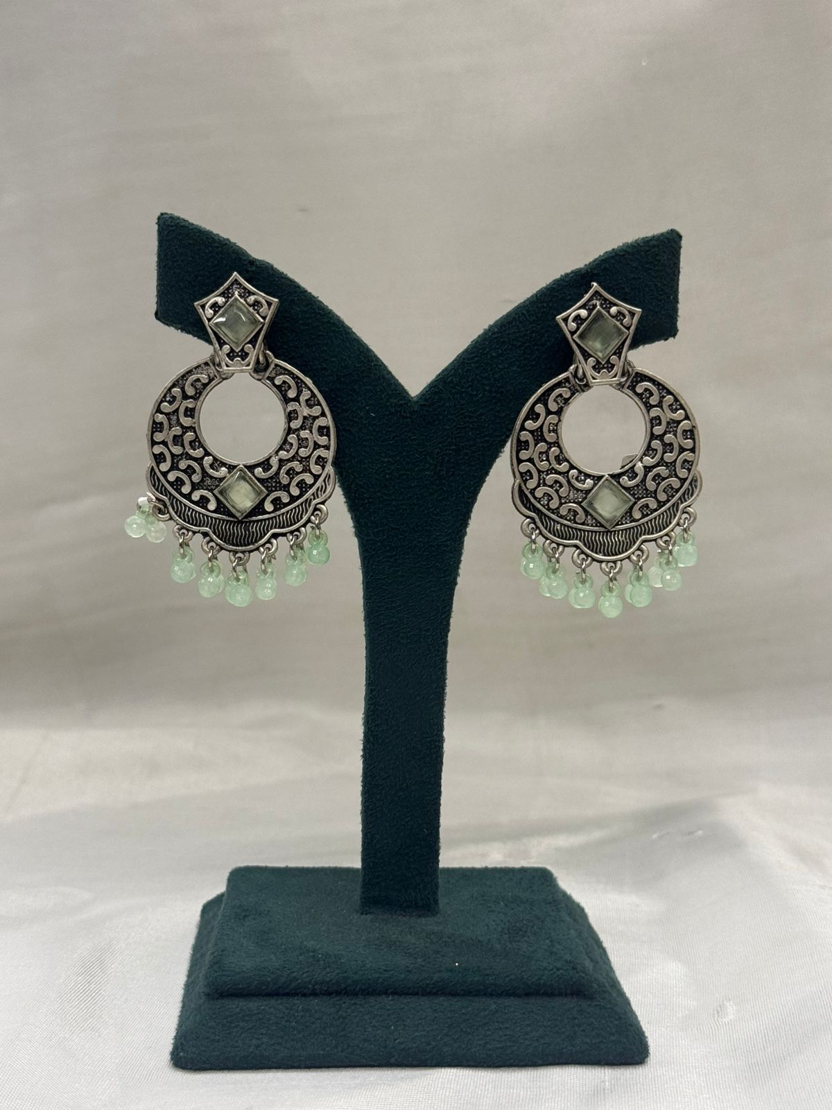 Oxidised Metal Circular Hanging Earrings with Beads