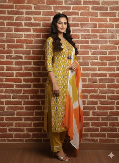 Mustard Yellow Ikat Printed Cotton Kurta Set with Dupatta (3PC) -LP
