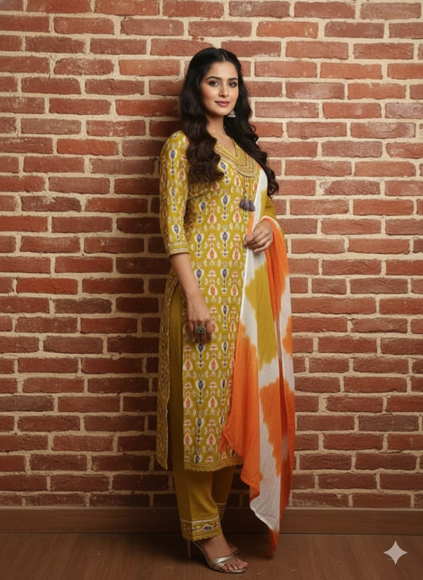 Mustard Yellow Ikat Printed Cotton Kurta Set with Dupatta (3PC) -LP