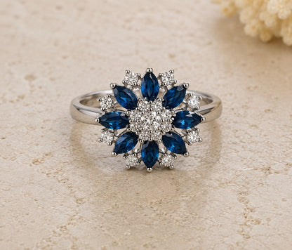 Blue Floral Adjustable Statement Ring