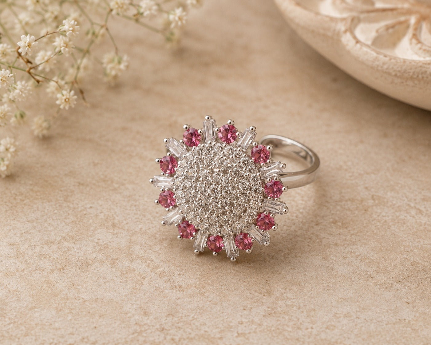 Pink Floral Adjustable Statement Ring