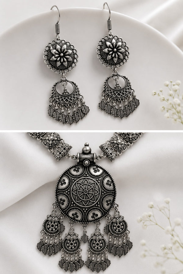 Oxidised Antique Statement Pendant Necklace Set