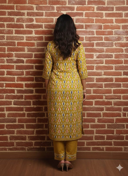 Mustard Yellow Ikat Printed Cotton Kurta Set with Dupatta (3PC) -LP