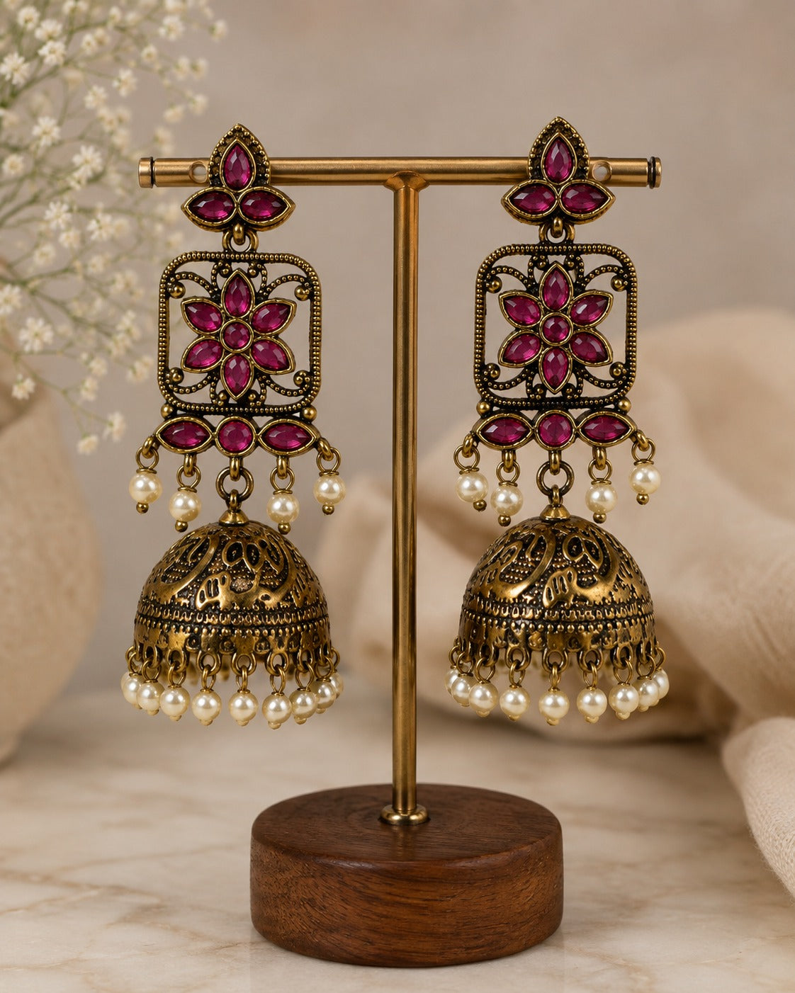 Pink Floral Jhumka Dangler Earrings – Antique Henna-Tone Finish