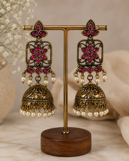 Pink Floral Jhumka Dangler Earrings – Antique Henna-Tone Finish