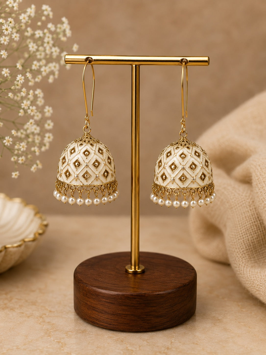 Cream & Gold-Tone Jhumka Earrings with Pearl-Style Drops