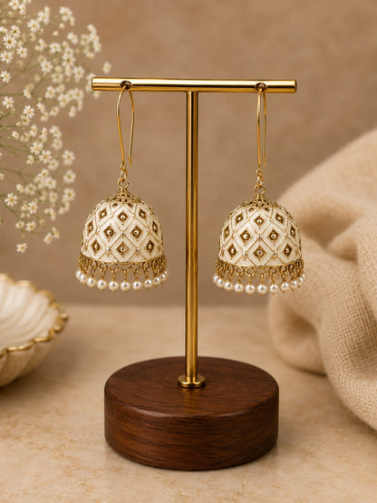 Cream & Gold-Tone Jhumka Earrings with Pearl-Style Drops
