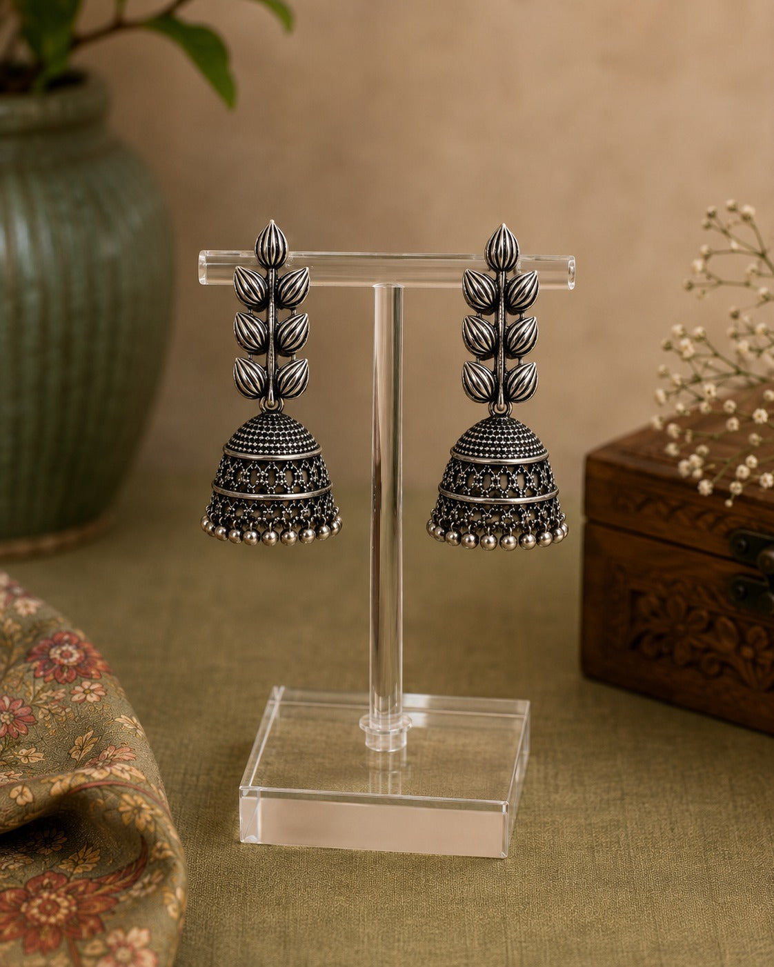 Antique Silver-Tone Leaf Jhumka Earrings