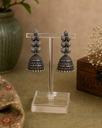 Antique Silver-Tone Leaf Jhumka Earrings