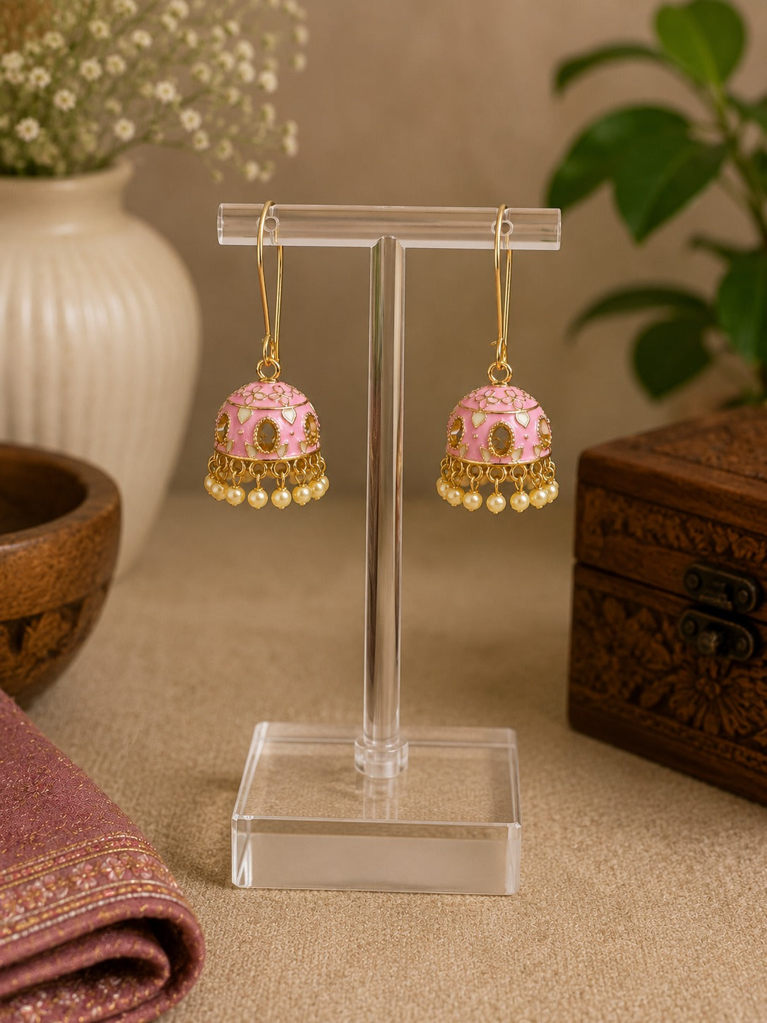 Pink Floral Jhumka Earrings with Pearl-Style Drops