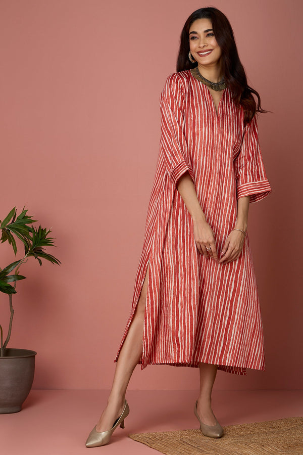 Front Zipper A-Line Kurta - Orange Fizz & Creamsicle Striped Bliss Mc