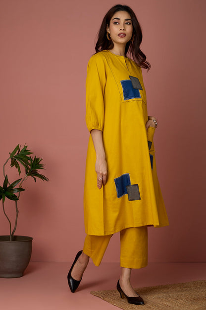 Long Yoke Kurta Top With Patch Pocket - Golden Twilight & Azure Slate Checks Mc