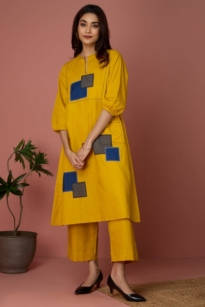 Long Yoke Kurta Top With Patch Pocket - Golden Twilight & Azure Slate Checks Mc