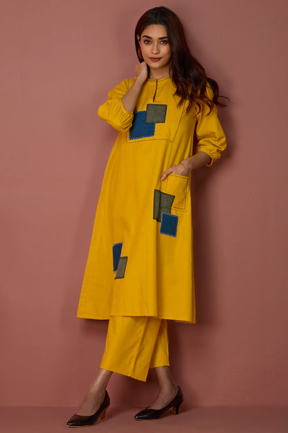 Long Yoke Kurta Top With Patch Pocket - Golden Twilight & Azure Slate Checks Mc