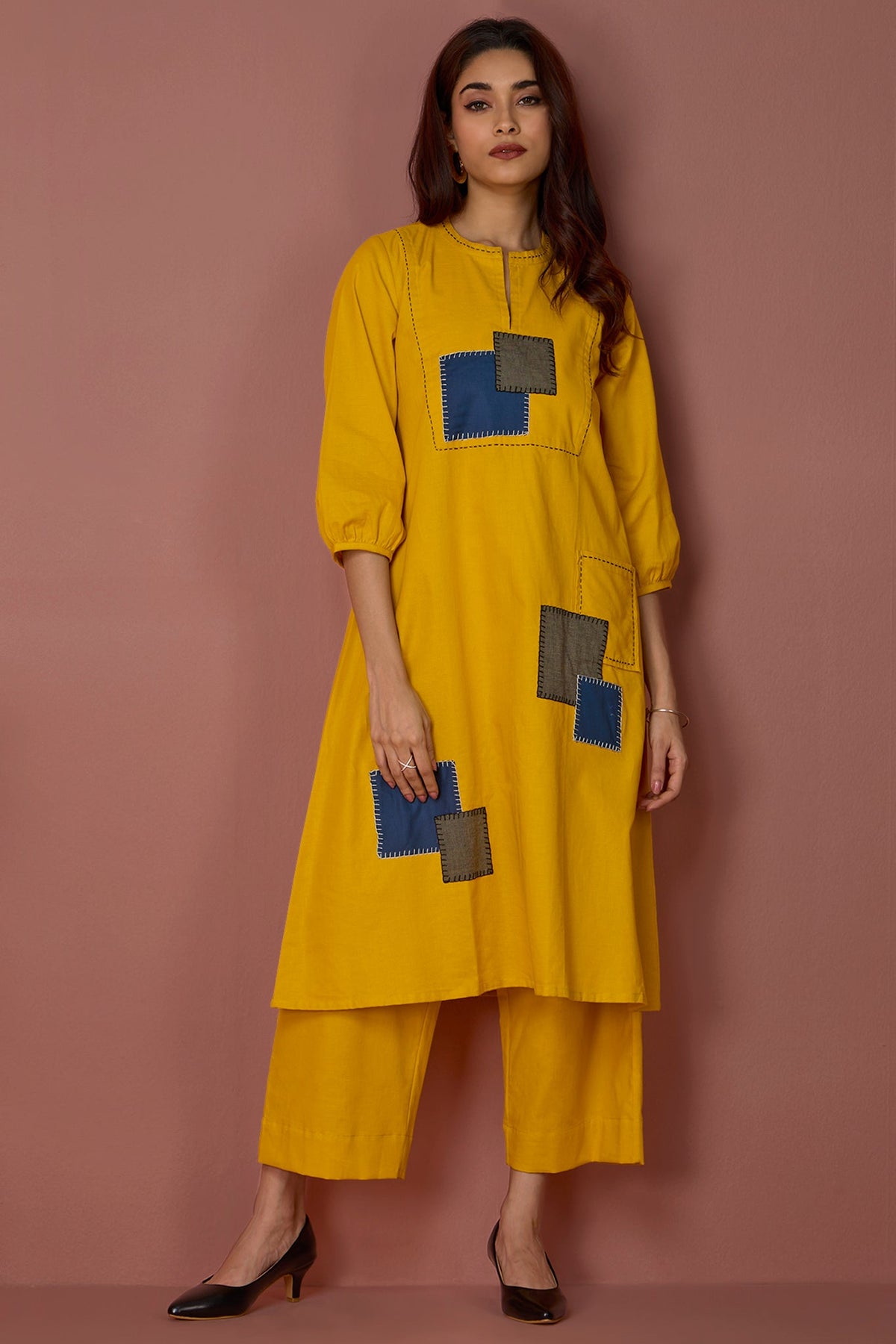 Long Yoke Kurta Top With Patch Pocket - Golden Twilight & Azure Slate Checks Mc