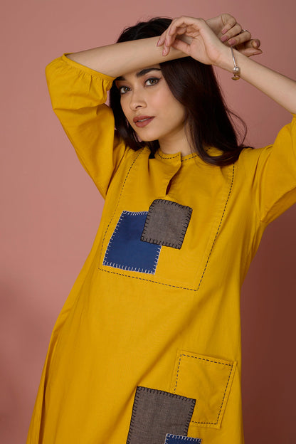 Long Yoke Kurta Top With Patch Pocket - Golden Twilight & Azure Slate Checks Mc