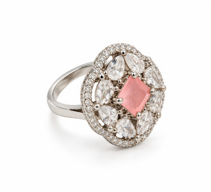 Adjustable Silver-Tone Statement Ring with Pink Center Stone and Crystal Accents LP- 48Hr Delivery