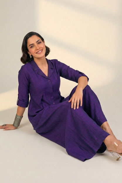 Maati Royal Amethyst Silk Slub Jumpsuit With Pockets & Collar