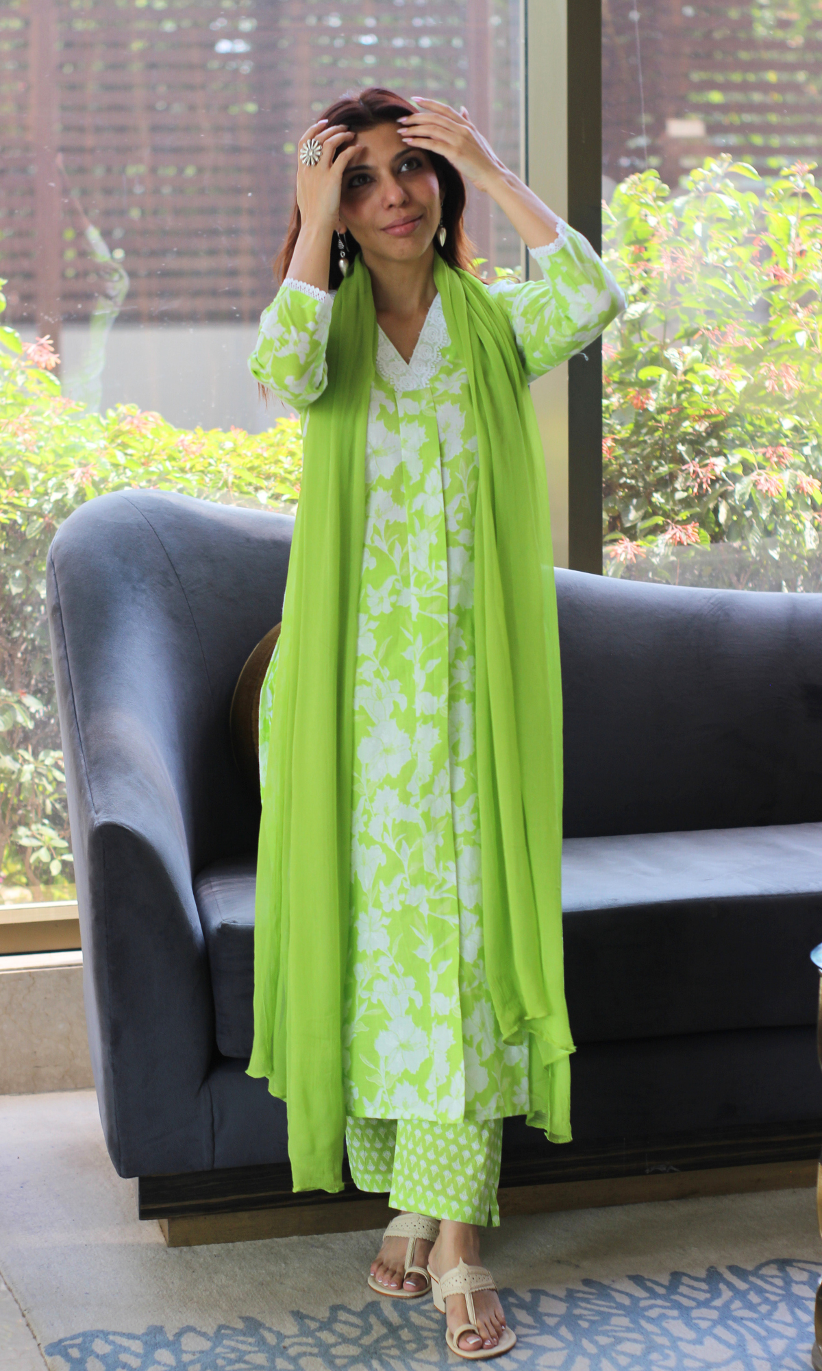Baareeki Cotton Lawn Green Botanica Printed Suit with Chiffon Dupatta