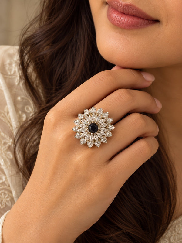 Adjustable Silver-Tone Floral Statement Ring with Black Center Stone and Crystal Accents LP- 48Hr Delivery