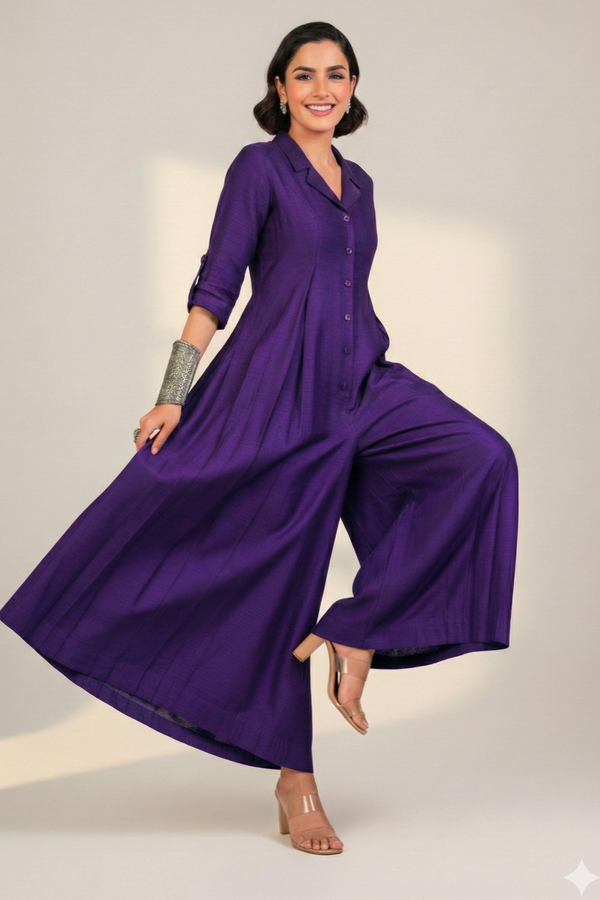 Royal Amethyst Silk Slub Jumpsuit With Pockets & Collar LP- 48Hr Delivery