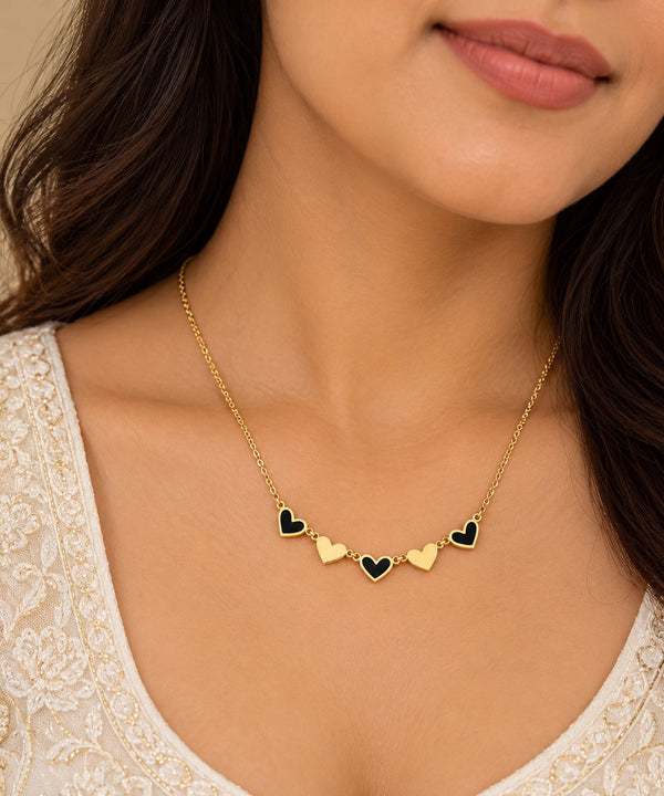 Gold-Tone Heart Charm Necklace with Black and Gold Enamel Details LP- 48Hr Delivery