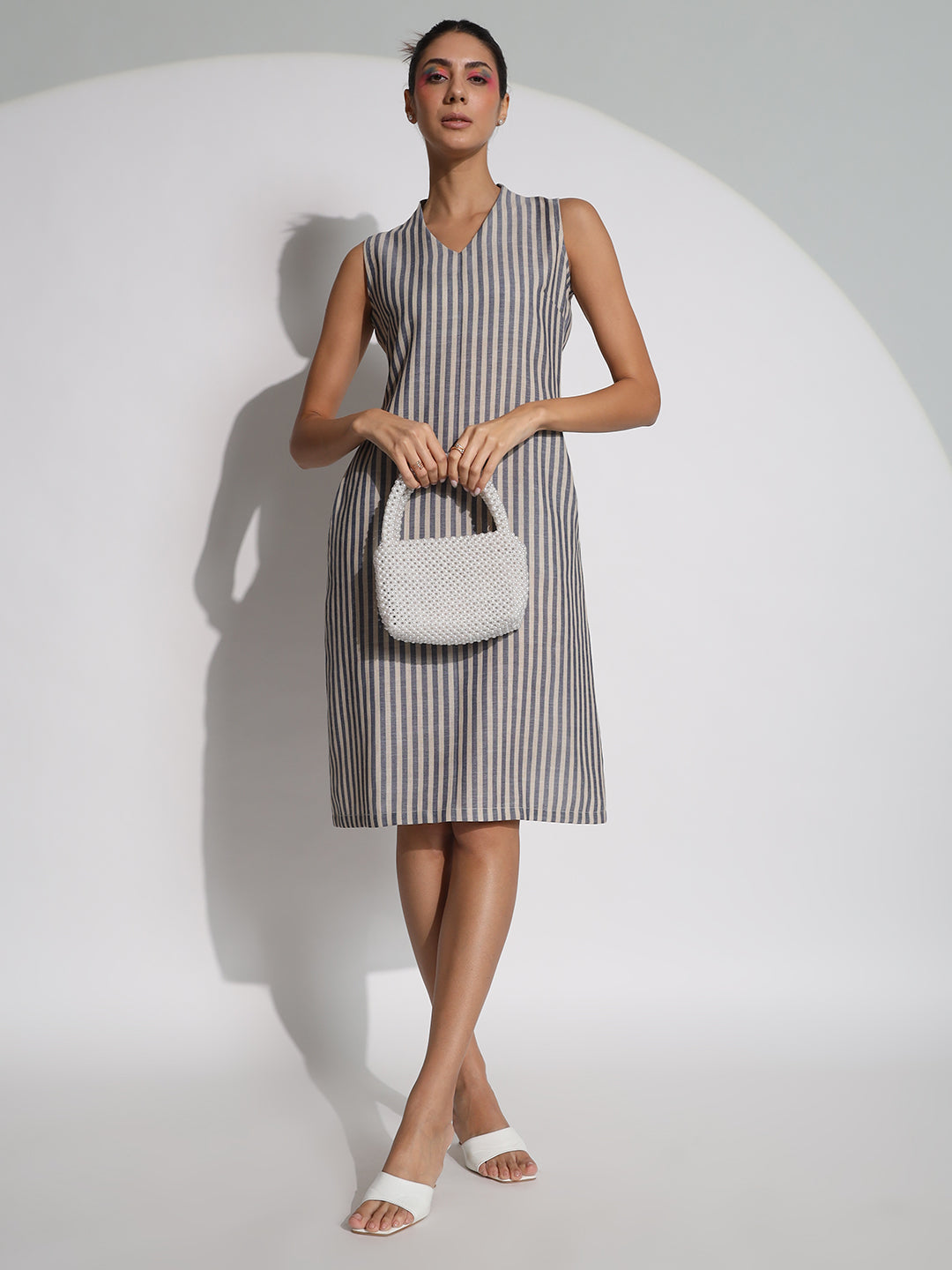 A-line Striped Poly Linen Dress- Blue and Beige