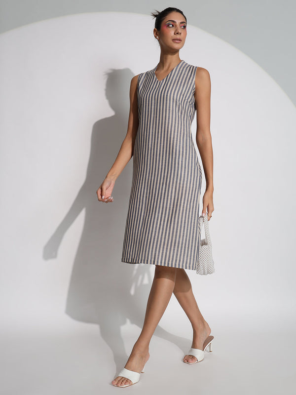 A-line Striped Poly Linen Dress- Blue and Beige