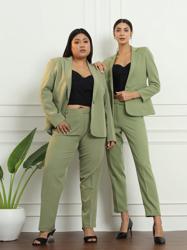 Notched Collar  Pant Suit - Olive Green