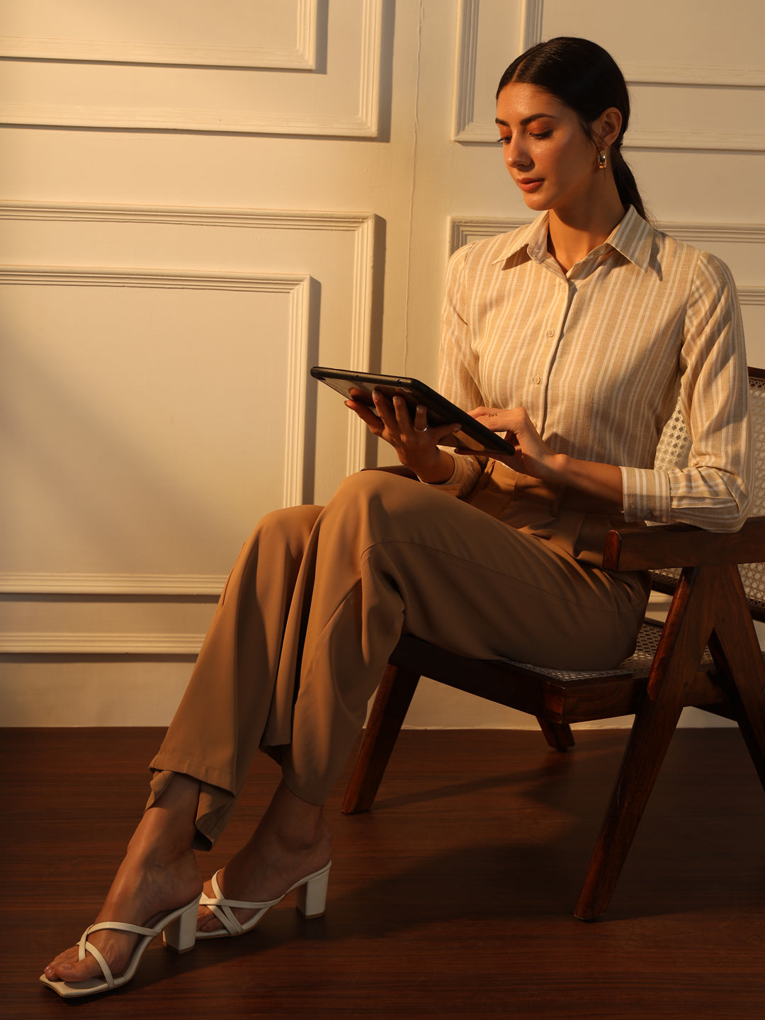 Striped Collared Shirt- Beige and Off white