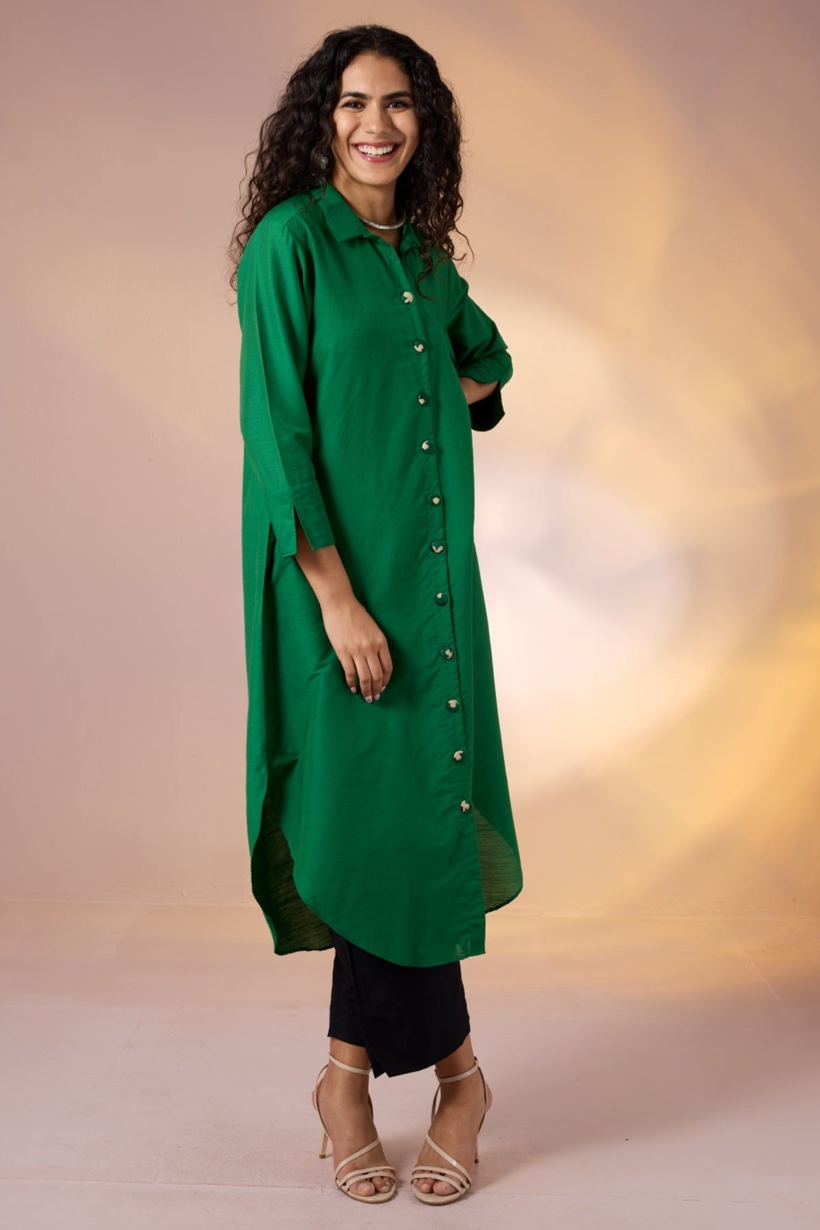 Maati Craft Parakeet Tint Silk Slub Long Shirt Dress