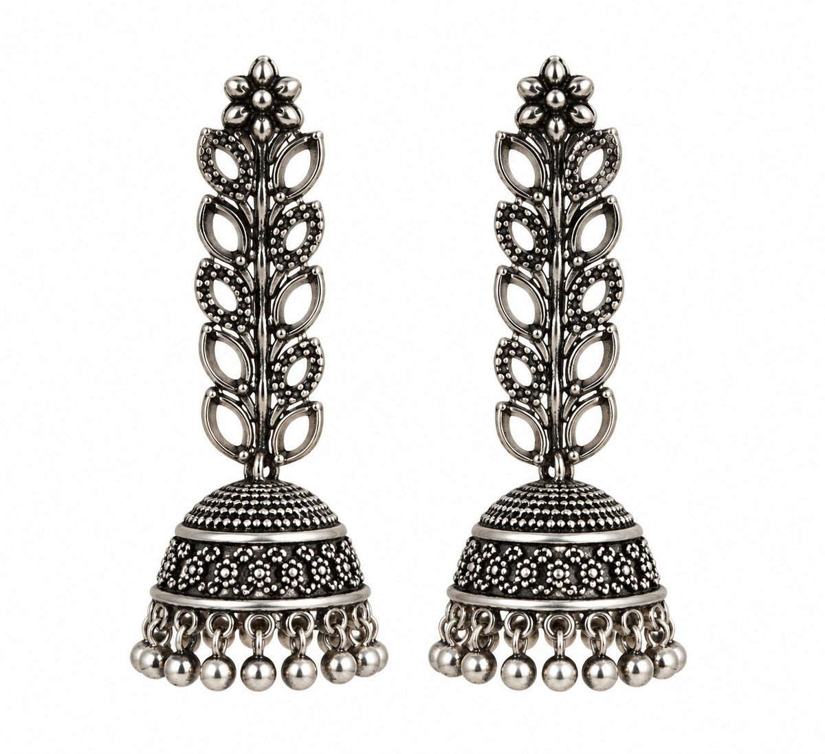 Oxidised Silver-Tone Floral Jhumka Earrings with Leaf Motifs LP- 48Hr Delivery