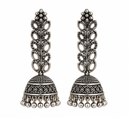 Oxidised Silver-Tone Floral Jhumka Earrings with Leaf Motifs LP- 48Hr Delivery