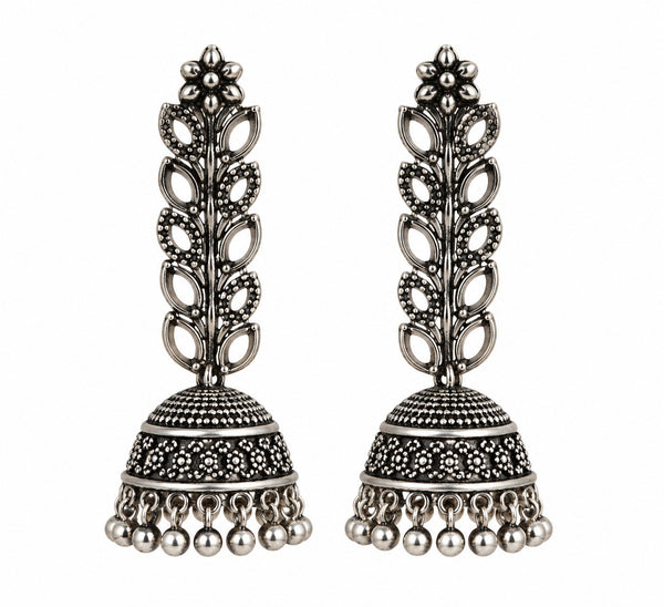 Oxidised Silver-Tone Floral Jhumka Earrings with Leaf Motifs LP- 48Hr Delivery