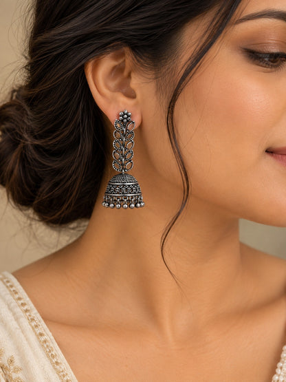 Oxidised Silver-Tone Floral Jhumka Earrings with Leaf Motifs LP- 48Hr Delivery