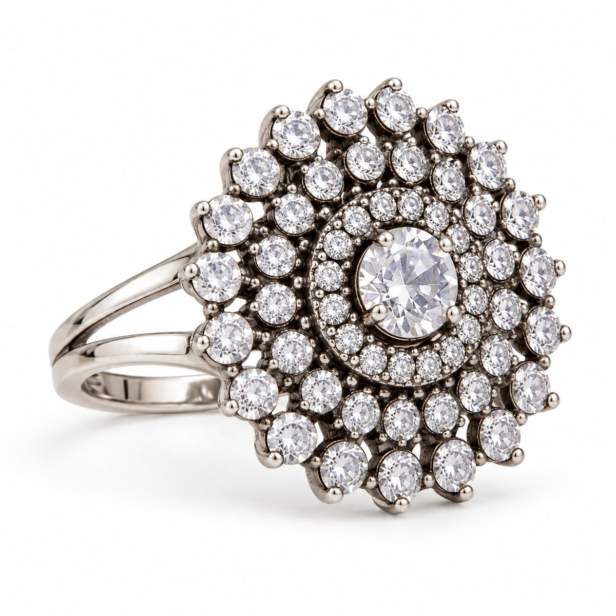 Adjustable Silver-Tone Statement Ring with Round Crystal Cluster Design LP- 48Hr Delivery