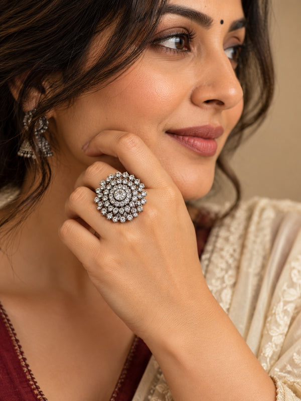 Adjustable Silver-Tone Statement Ring with Round Crystal Cluster Design LP- 48Hr Delivery