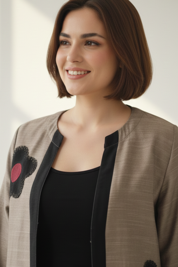 Maati Dusky Gold Red Buttercup Applique Luxe Silk Slub Short Jacket