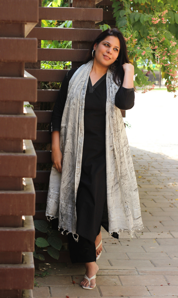 Baareeki Cotton Slub Black Suit With Mist Marble Print Slub Dupatta