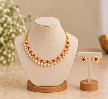 Gold-Tone Ruby Red Stone and Pearl Necklace Set with Matching Earrings LP- 48Hr Delivery