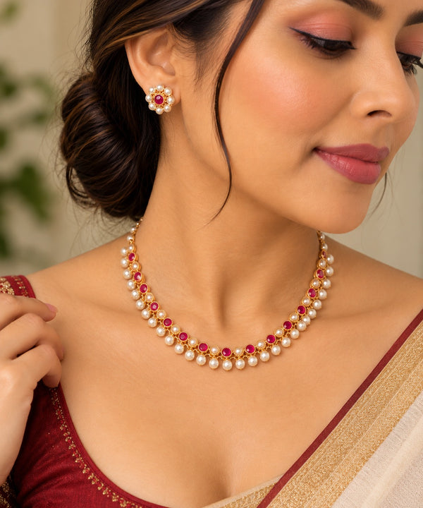 Gold-Tone Ruby Red Stone and Pearl Necklace Set with Matching Earrings LP- 48Hr Delivery