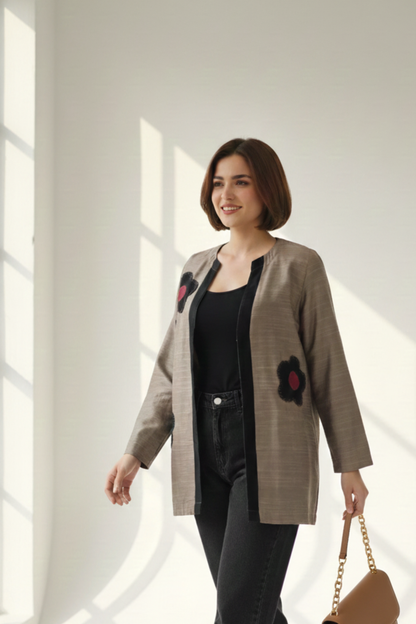 Maati Dusky Gold Red Buttercup Applique Luxe Silk Slub Short Jacket