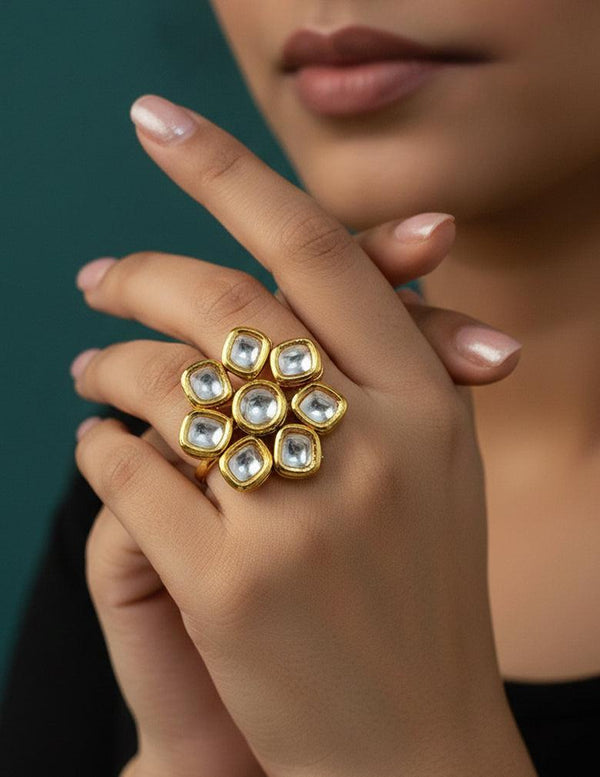 Golden Kundan Stone Adjustable Ring