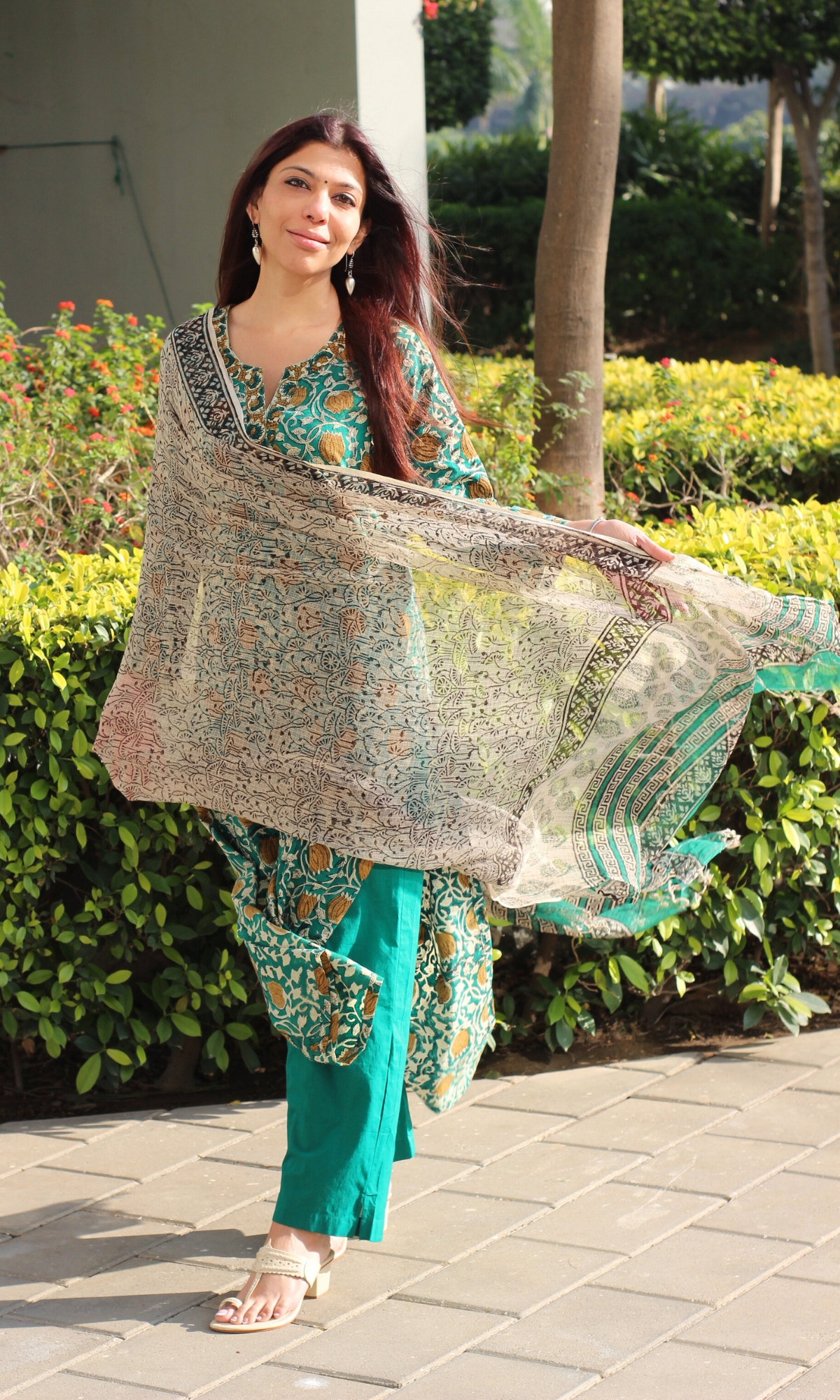 Baareeki Cotton Green Handblock Kalamkari Print Suit with Kota Doria Dupatta