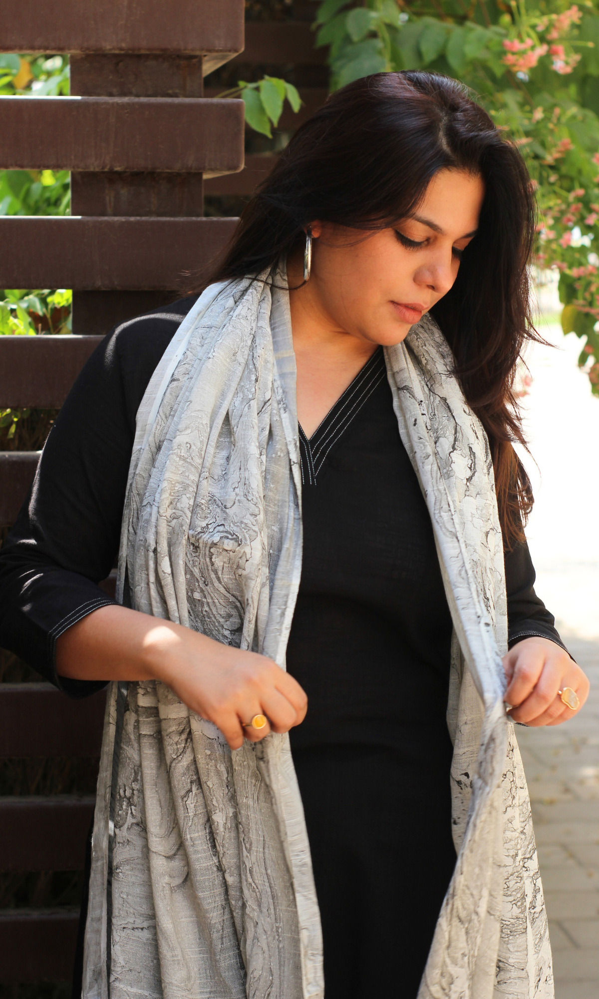 Baareeki Cotton Slub Black Suit With Mist Marble Print Slub Dupatta